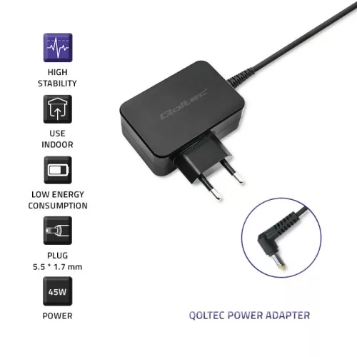 Qoltec hálózati adapter Acer laptophoz, 45 W, 19 V / 2,37 A, 5,5 × 1,7 mm