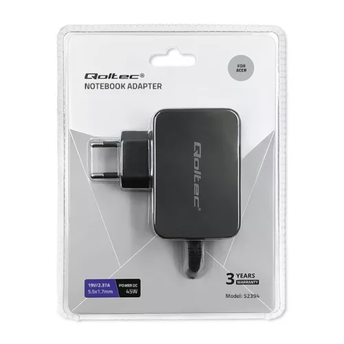 Qoltec hálózati adapter Acer laptophoz, 45 W, 19 V / 2,37 A, 5,5 × 1,7 mm