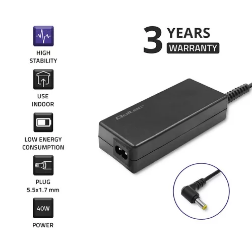 Qoltec hálózati adapter Acer laptophoz, 40 W, 19 V / 2,1 A, 5,5 × 1,7 mm-es csatlakozóval és tápkábellel