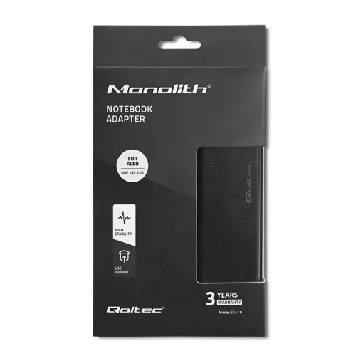 Qoltec hálózati adapter Acer laptophoz, 40 W, 19 V / 2,1 A, 5,5 × 1,7 mm-es csatlakozóval és tápkábellel
