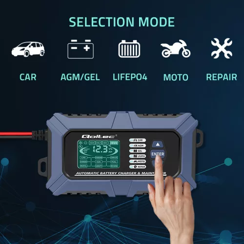 Qoltec intelligens, mikroprocesszoros akkumulátortöltő akkumulátortesztelővel és javítási funkcióval, 12 V / 6 A, LCD-kijelzővel, AGM, LiFePO4 és GEL akkumulátorokhoz
