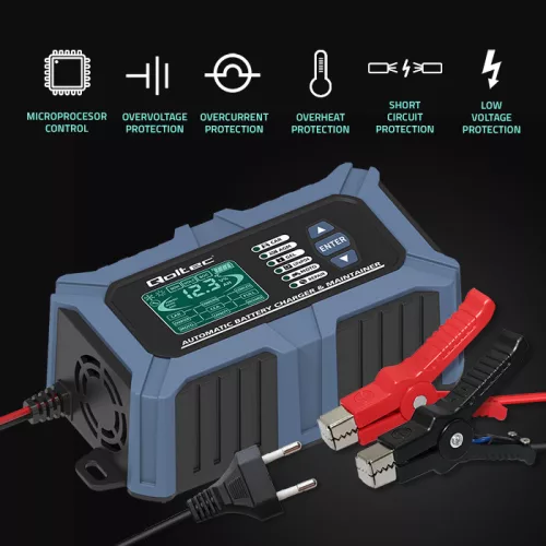 Qoltec intelligens, mikroprocesszoros akkumulátortöltő akkumulátortesztelővel és javítási funkcióval, 12 V / 6 A, LCD-kijelzővel, AGM, LiFePO4 és GEL akkumulátorokhoz