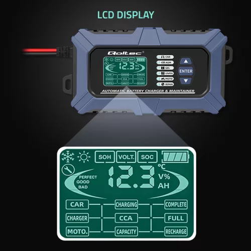 Qoltec intelligens, mikroprocesszoros akkumulátortöltő akkumulátortesztelővel és javítási funkcióval, 12 V / 6 A, LCD-kijelzővel, AGM, LiFePO4 és GEL akkumulátorokhoz