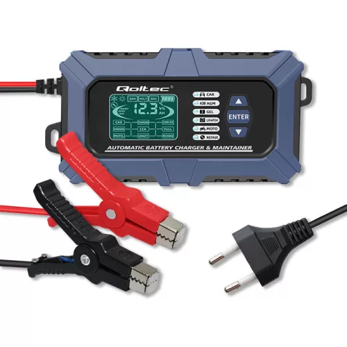 Qoltec intelligens, mikroprocesszoros akkumulátortöltő akkumulátortesztelővel és javítási funkcióval, 12 V / 6 A, LCD-kijelzővel, AGM, LiFePO4 és GEL akkumulátorokhoz