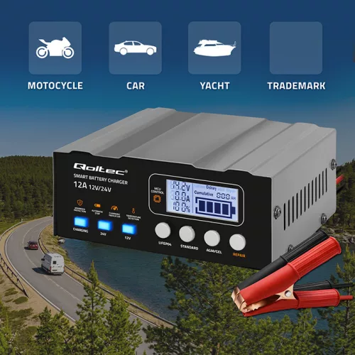 Qoltec intelligens mikroprocesszoros akkumulátortöltő 12/12,6/24 V, javítási funkcióval, AGM, GEL és LiFePO4 akkumulátorokhoz, LCD-kijelzővel