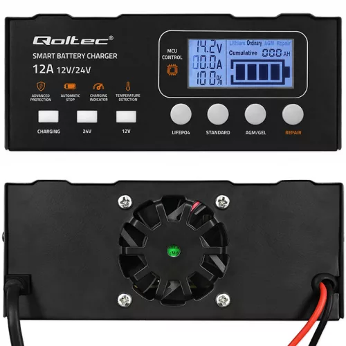 Qoltec intelligens mikroprocesszoros akkumulátortöltő 12/12,6/24 V, javítási funkcióval, AGM, GEL és LiFePO4 akkumulátorokhoz, LCD-kijelzővel