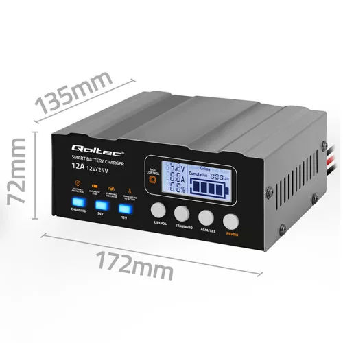 Qoltec intelligens mikroprocesszoros akkumulátortöltő 12/12,6/24 V, javítási funkcióval, AGM, GEL és LiFePO4 akkumulátorokhoz, LCD-kijelzővel