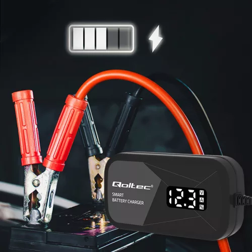 Qoltec intelligens mikroprocesszoros akkumulátortöltő 12 V / 2 A, AGM és GEL akkumulátorokhoz, LCD-kijelzővel