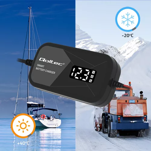 Qoltec intelligens mikroprocesszoros akkumulátortöltő 12 V / 2 A, AGM és GEL akkumulátorokhoz, LCD-kijelzővel