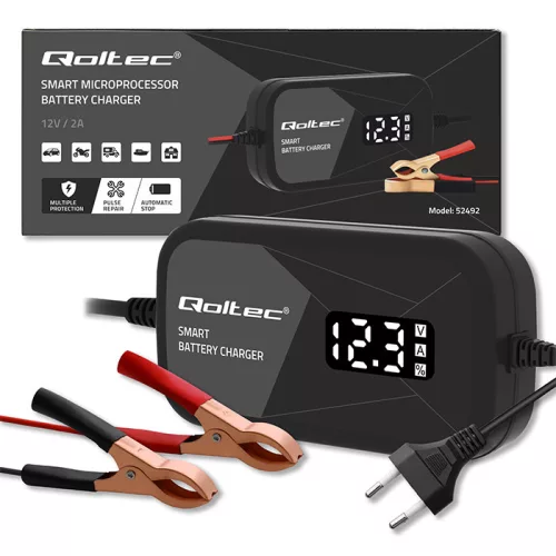 Qoltec intelligens mikroprocesszoros akkumulátortöltő 12 V / 2 A, AGM és GEL akkumulátorokhoz, LCD-kijelzővel