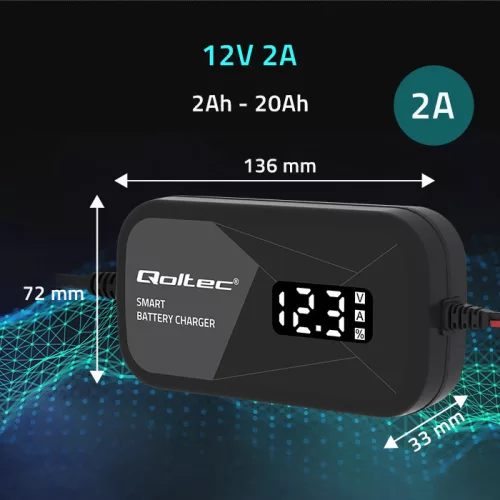 Qoltec intelligens mikroprocesszoros akkumulátortöltő 12 V / 2 A, AGM és GEL akkumulátorokhoz, LCD-kijelzővel