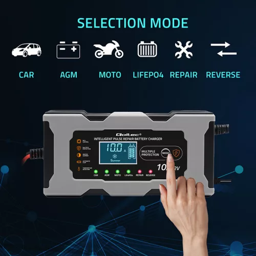Qoltec intelligens mikroprocesszoros akkumulátortöltő 12 V / 10 A, javítási funkcióval és LCD-kijelzővel