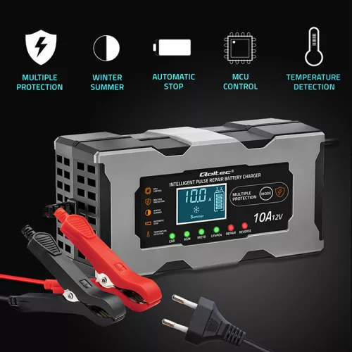 Qoltec intelligens mikroprocesszoros akkumulátortöltő 12 V / 10 A, javítási funkcióval és LCD-kijelzővel
