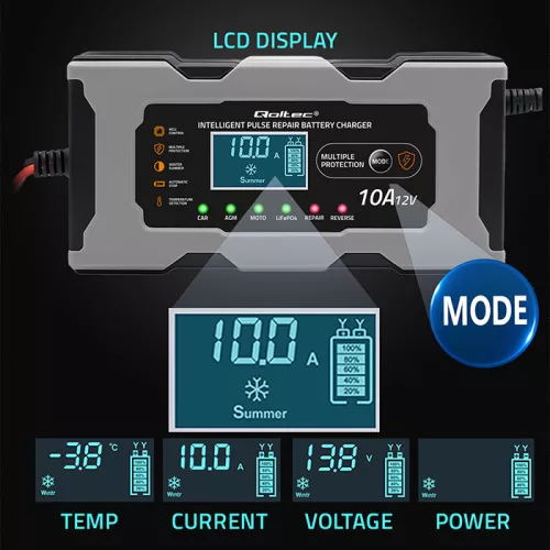 Qoltec intelligens mikroprocesszoros akkumulátortöltő 12 V / 10 A, javítási funkcióval és LCD-kijelzővel