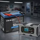 Qoltec intelligens mikroprocesszoros akkumulátortöltő 12 V / 10 A, javítási funkcióval és LCD-kijelzővel
