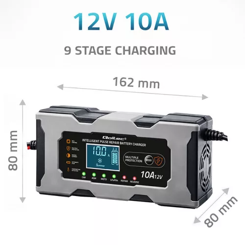 Qoltec intelligens mikroprocesszoros akkumulátortöltő 12 V / 10 A, javítási funkcióval és LCD-kijelzővel