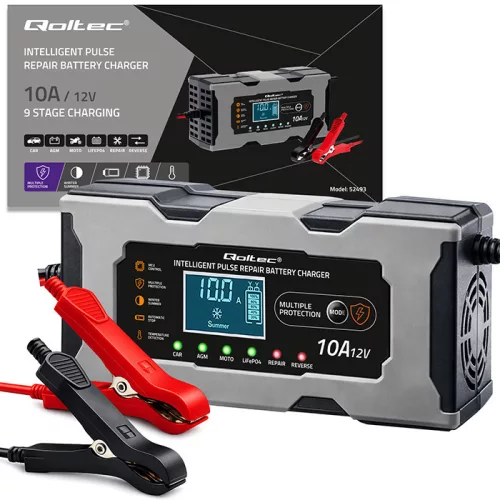 Qoltec intelligens mikroprocesszoros akkumulátortöltő 12 V / 10 A, javítási funkcióval és LCD-kijelzővel