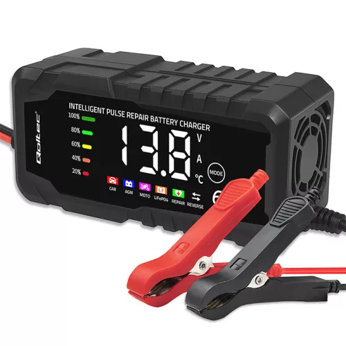 Qoltec intelligens mikroprocesszoros akkumulátortöltő AGM, GEL és LiFePO4 akkumulátorokhoz, 12 V / 6 A, LCD