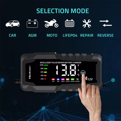 Qoltec intelligens mikroprocesszoros akkumulátortöltő AGM, GEL és LiFePO4 akkumulátorokhoz, 12 V / 6 A, LCD