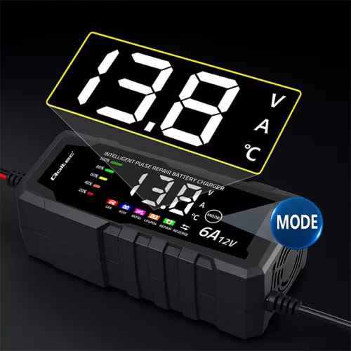 Qoltec intelligens mikroprocesszoros akkumulátortöltő AGM, GEL és LiFePO4 akkumulátorokhoz, 12 V / 6 A, LCD