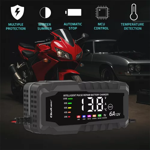 Qoltec intelligens mikroprocesszoros akkumulátortöltő AGM, GEL és LiFePO4 akkumulátorokhoz, 12 V / 6 A, LCD
