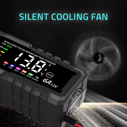Qoltec intelligens mikroprocesszoros akkumulátortöltő AGM, GEL és LiFePO4 akkumulátorokhoz, 12 V / 6 A, LCD