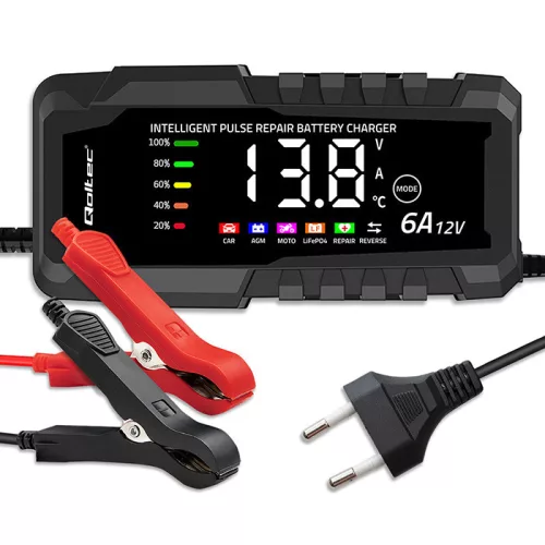 Qoltec intelligens mikroprocesszoros akkumulátortöltő AGM, GEL és LiFePO4 akkumulátorokhoz, 12 V / 6 A, LCD