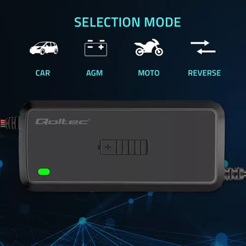 Qoltec intelligens mikroprocesszoros akkumulátortöltő 12 V / 5 A AGM, GEL és SLA akkumulátorokhoz – 6 lépcsős töltés