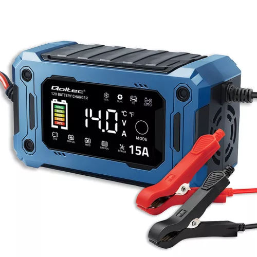 Qoltec intelligens mikroprocesszoros akkumulátortöltő 12 V / 15 A, javítási és SUP funkcióval, LCD-kijelzővel
