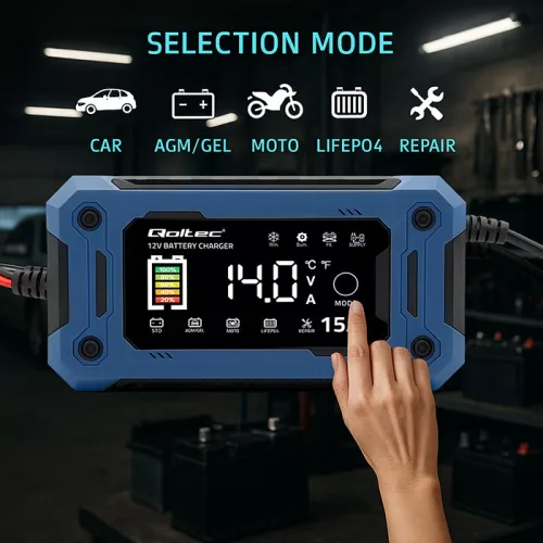 Qoltec intelligens mikroprocesszoros akkumulátortöltő 12 V / 15 A, javítási és SUP funkcióval, LCD-kijelzővel