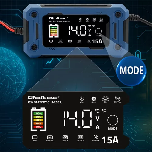 Qoltec intelligens mikroprocesszoros akkumulátortöltő 12 V / 15 A, javítási és SUP funkcióval, LCD-kijelzővel
