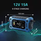 Qoltec intelligens mikroprocesszoros akkumulátortöltő 12 V / 15 A, javítási és SUP funkcióval, LCD-kijelzővel