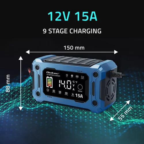 Qoltec intelligens mikroprocesszoros akkumulátortöltő 12 V / 15 A, javítási és SUP funkcióval, LCD-kijelzővel