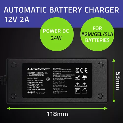 Qoltec automata akkumulátortöltő 12 V-os AGM/GEL/STD akkumulátorokhoz, 2 A, 24 W, LED visszajelzővel és 1,8 m-es kábellel