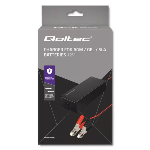 Qoltec automata akkumulátortöltő 12 V-os AGM/GEL/STD akkumulátorokhoz, 2 A, 24 W, LED visszajelzővel és 1,8 m-es kábellel