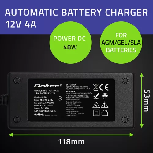 Qoltec automata AGM/GEL/STD akkumulátortöltő 12 V / 4 A, 48 W