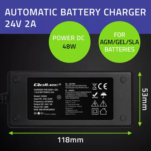 Qoltec automata AGM/GEL/STD akkumulátortöltő 24 V / 2 A / 48 W