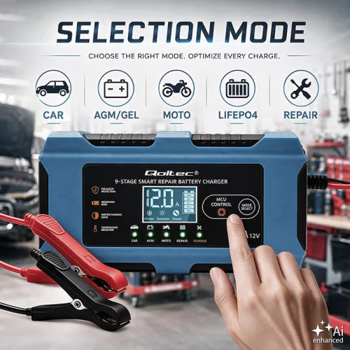 Qoltec intelligens 12 V / 10 A akkumulátortöltő javítási funkcióval, MCU-vezérléssel, automatikus kikapcsolással és 9 fokozatú töltéssel – AGM, GEL, LiFePO4