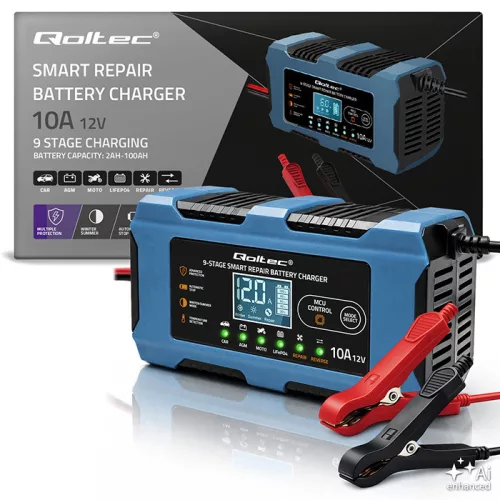 Qoltec intelligens 12 V / 10 A akkumulátortöltő javítási funkcióval, MCU-vezérléssel, automatikus kikapcsolással és 9 fokozatú töltéssel – AGM, GEL, LiFePO4