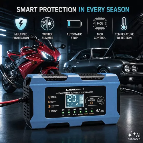 Qoltec intelligens akkumulátortöltő 12 V / 6 A, javítási funkcióval