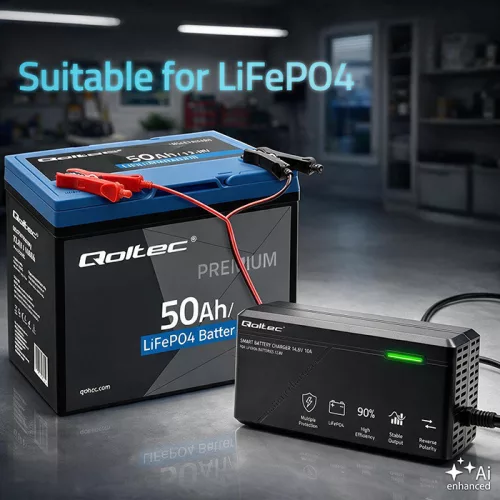 Qoltec Specialist LiFePO4-akkumulátortöltő 12,8 V / 10 A, PF 0,9, LED, intelligens töltés