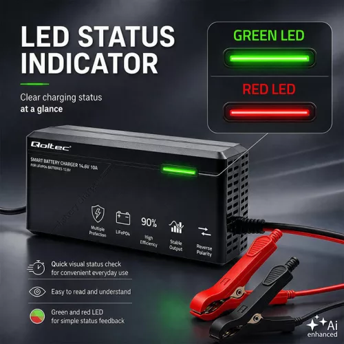 Qoltec Specialist LiFePO4-akkumulátortöltő 12,8 V / 10 A, PF 0,9, LED, intelligens töltés