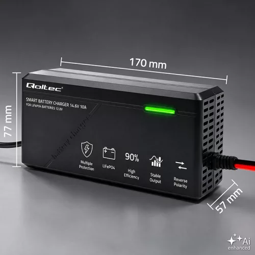 Qoltec Specialist LiFePO4-akkumulátortöltő 12,8 V / 10 A, PF 0,9, LED, intelligens töltés