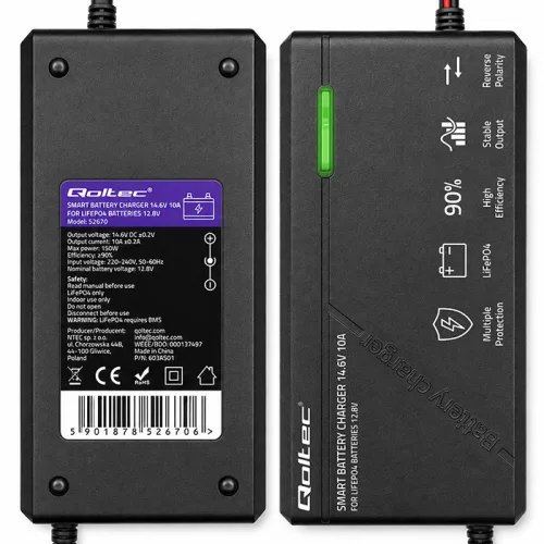 Qoltec Specialist LiFePO4-akkumulátortöltő 12,8 V / 10 A, PF 0,9, LED, intelligens töltés