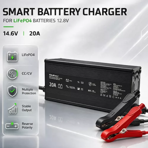 Qoltec LiFePO4 akkumulátortöltő 12,8 V, 20 A, CC/CV