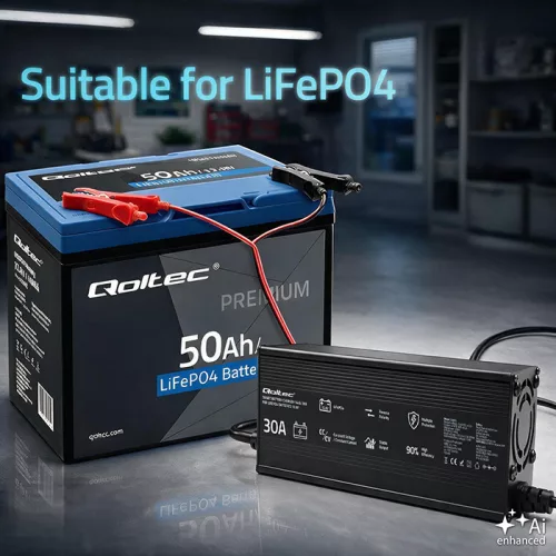 Qoltec Specialist intelligens LiFePO4 akkumulátortöltő 12,8 V-os akkumulátorokhoz – 30 A, 438 W, PF 0,9, LED