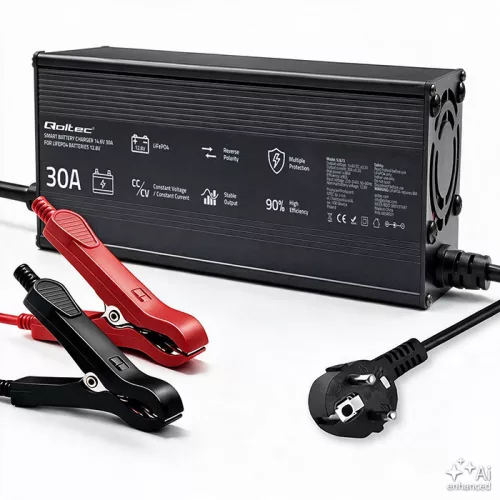 Qoltec Specialist intelligens LiFePO4 akkumulátortöltő 12,8 V-os akkumulátorokhoz – 30 A, 438 W, PF 0,9, LED