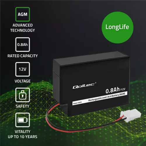 Qoltec AGM akkumulátor 12 V / 0,8 Ah, karbantartásmentes, LongLife