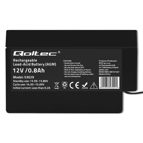 Qoltec AGM akkumulátor 12 V / 0,8 Ah, karbantartásmentes, LongLife