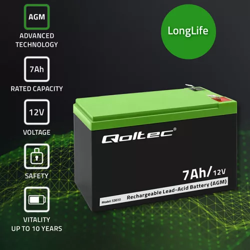 Qoltec karbantartásmentes AGM akkumulátor 12 V, 7 Ah, VRLA